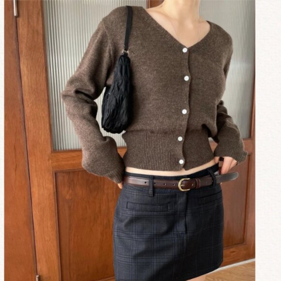 Remain | Cropped Ribbed Sweater Pearl Buttons Brown | Size ??? Women's - Picture 15 of 15